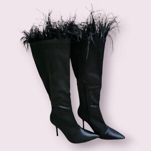 Black Satin & Maribou Heeled Boots Dolls Kill Size 9